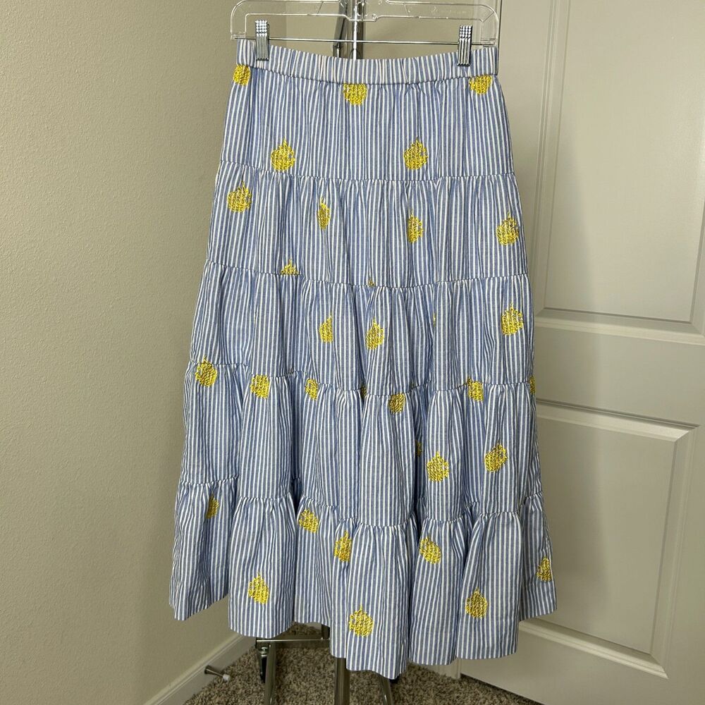 J.Crew Womens Skirt XS Blue Striped Pineapple Embroidered Tiered Maxi Lined Boho